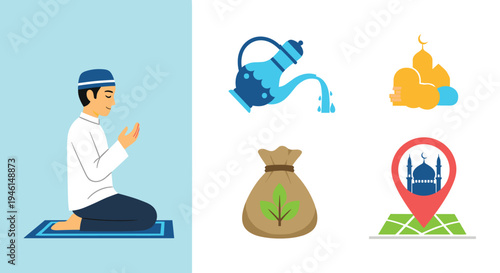 Icon Set Ramadhan Kareem, Eid Mubarak, Eid Al Fitr Flat Minimalist Design Illustration