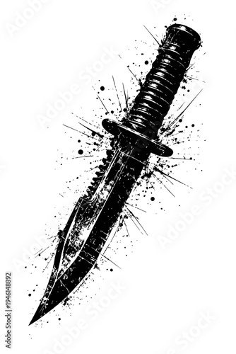A black dagger with a serrated blade and handle on a white background with splatters