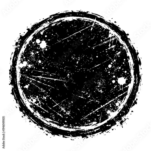 Black and white grunge circle with scratches and paint splatters on isolated background for design and texture