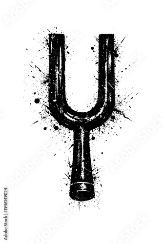 A black and white illustration of a tuning fork with paint splatters on a white background, symbolizing sound and music.