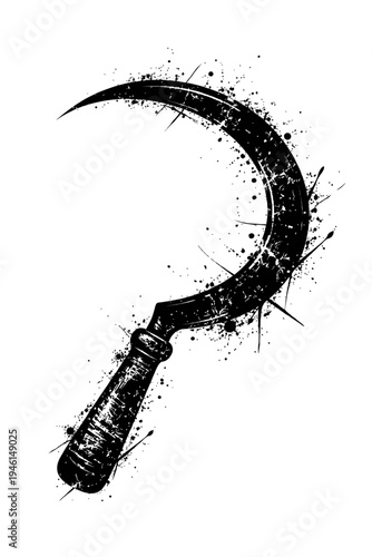 A black and white illustration of a sickle with a wooden handle and paint splatters on a white background, symbolizing harvest and agriculture.