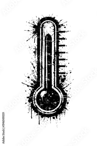 Black grunge thermometer icon with paint splatters on white background, symbolizing temperature and heat