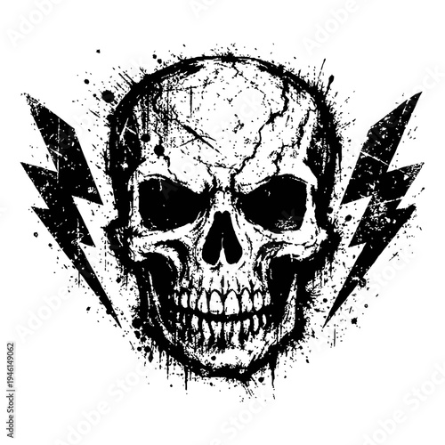 A grungy skull with lightning bolts on a white background, symbolizing rebellion and danger, with a distressed look
