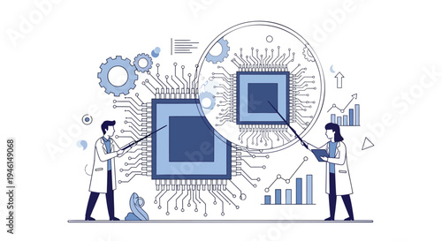 Vector illustration of two scientists working with microchip and technology icons