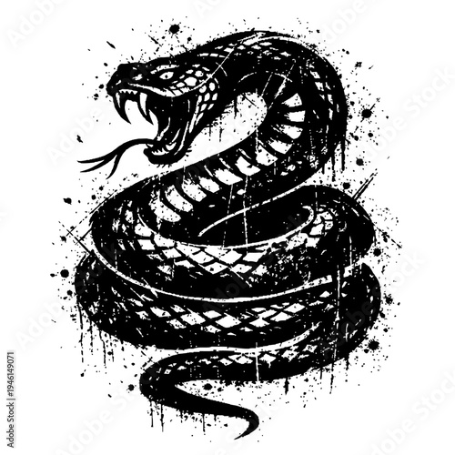 A black and white illustration of a coiled snake with its mouth open, showing sharp fangs, surrounded by splatters and grunge effects on a clean white background.