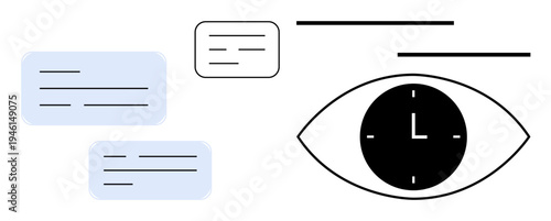 Time management, communication, productivity, scheduling, visual tracking, information flow. Minimalistic eye icon with a clock in the center surrounded by message boxes. Time management