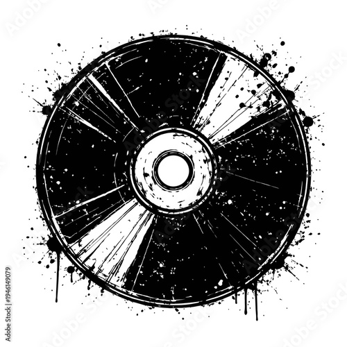 Black and white illustration of a scratched and splattered CD or DVD with a grunge effect isolated on white background