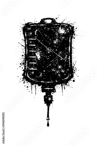 Black and white illustration of an intravenous IV drip bag with a grunge effect, symbolizing medical treatment and health care
