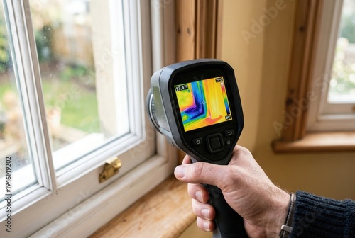 Hand holding thermal imaging camera inspecting window for heat loss and insulation