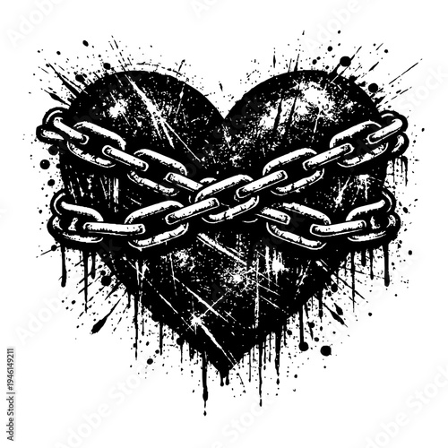 Black heart with chains wrapped around it on white background with paint splatters and drips, symbolizing love and bondage