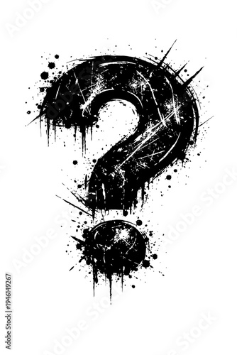 A large grungy question mark symbol with black paint splatters on white background