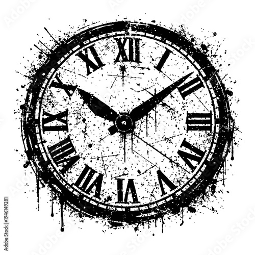 Black and white grungy clock face with Roman numerals on white background
