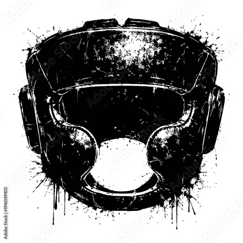 Black grunge-style boxing helmet with paint splatters on white background, sports equipment and protective gear concept
