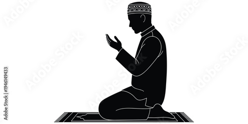 Prayer silhouette illustration, spiritual devotion artwork, cultural faith design tribute, religious practice graphic, traditional worship concept, Islamic spirituality theme flat vector illustration