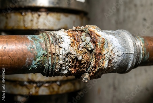 Extreme macro close-up of severe galvanic corrosion between two dissimilar metal industrial pipe fittings