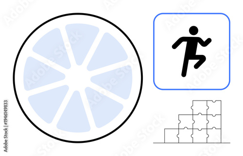 Concept ation. A wheel diagram, running figure icon, and stacked puzzle pieces progress, problem-solving, and integration. For teamwork, goals, strategy success planning motivation