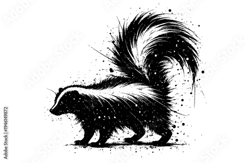 A black and white illustration of a skunk with its tail raised, creating a dynamic and artistic representation of the animal in a natural setting.