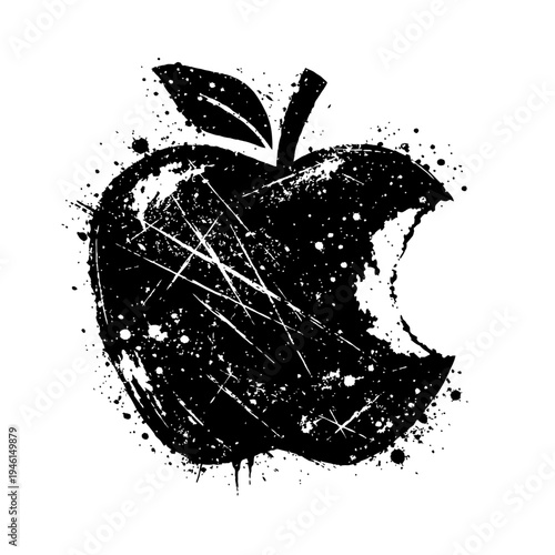 Black and white grungy apple with bite taken out and leaf on top, distressed texture, abstract fruit illustration