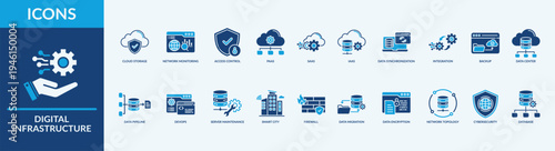Digital Infrastructure - Icon Collection. Thin Flat Blue Set contains such Icons as database, data center, access control and more. Simple web icons set