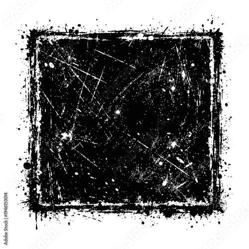 Black grunge texture with white scratches and splatters on isolated background, abstract artistic design element