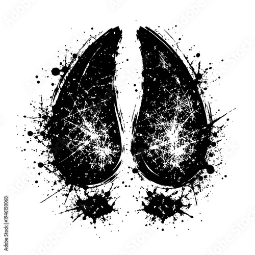 Black paint splatter art design with abstract teardrop shapes on white background for creative projects and artistic expression