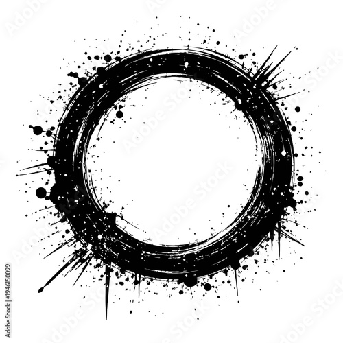 Black ink splatter circle design element with paint splashes and smudges on white background for creative projects