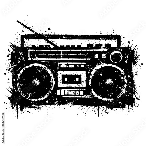 Black and white illustration of a vintage boombox with a grunge effect, perfect for music and retro-themed designs and projects
