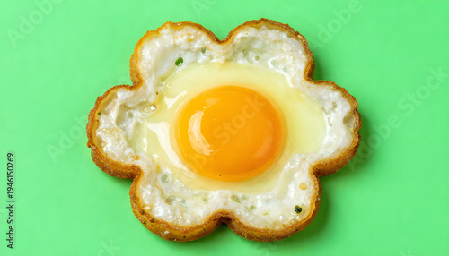 Minimalist and abstract photo of a fried egg shaped like a flower, set against a solid neon green background. Clean composition highlighting form, color, and playful culinary creativity. pop art