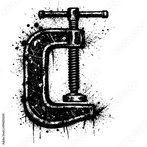 Grunty C-clamp with paint splashes on white background, industrial tool