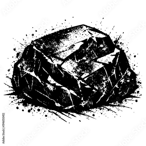 Black diamond with grunge effect on white background, abstract gemstone illustration with ink splatters