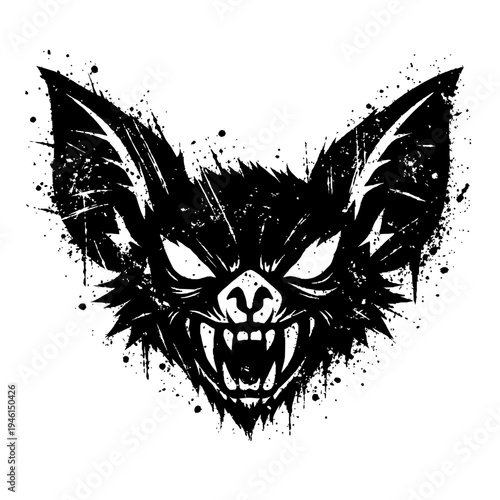 A black and white illustration of a bat's head with an aggressive expression, sharp teeth and pointy ears on a white background with black splatters