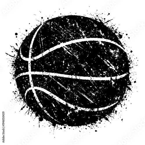 Black and white illustration of a grungy basketball with splatters