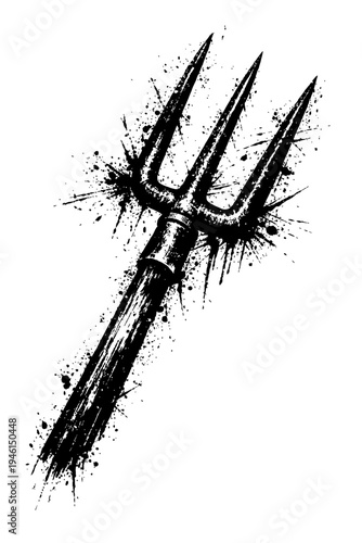 A black and white illustration of a trident with a splattered paint effect on a white background, symbolizing power and strength in a mythological context.