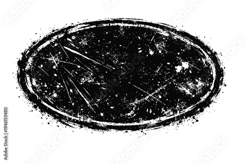 Black and white oval grunge texture with scratches and splatters on white background for design and decoration