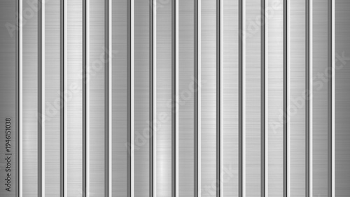 Brushed metal technology background with polished chrome texture, silver, steel, aluminum and vertical stripes with bevels for design concepts, web, prints, wallpapers, interfaces. Vector illustration