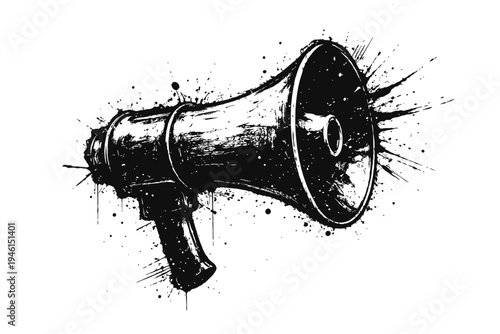 A black and white illustration of a megaphone with paint splatters on a white background, symbolizing loudspeaker announcement
