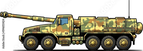 Camouflaged long range artillery truck for tactical strikes