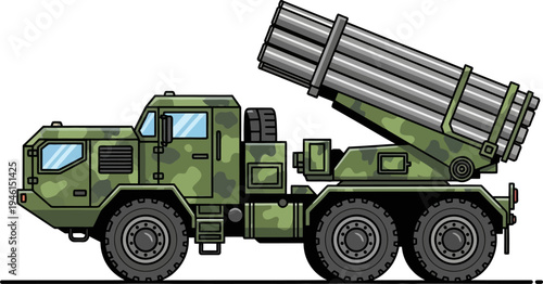 Camouflage multiple launch rocket system truck on standby