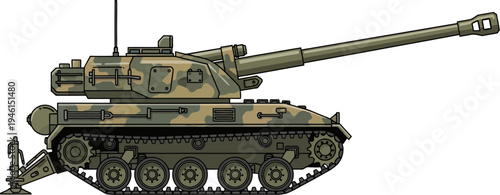 Camouflaged self-propelled artillery unit with a long-range barrel