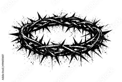 A black and white illustration of a crown of thorns on a white background with grunge effect and splatters