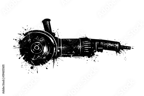 Black and white illustration of a power tool with paint splatters on a white background for industrial or creative design use