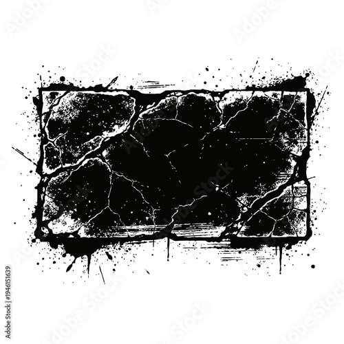 Black grunge rectangle with cracks and paint splatters on white background for creative design projects