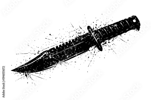 A black and white illustration of a knife with a grunge effect and splatters around it on a white background