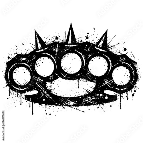 Spiked knuckles duster with grunge effect on white background, violence and aggression symbol in black and white graffiti style