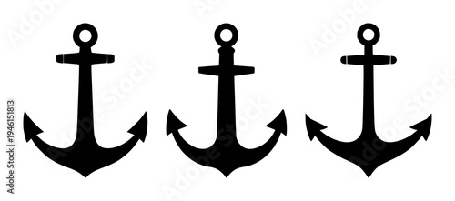 Anchor set with simple black silhouette on white background featuring nautical symbol, maritime icon, line art with logo-friendly and minimalist design