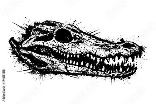 A grungy illustration of a crocodile skull with sharp teeth on white background