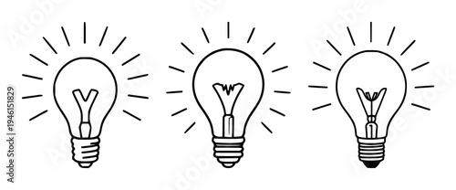 Light bulb set with glowing icon centered on light gray background featuring thick dark gray line art, radiating strokes, minimalist with neutral palette and modern flat
