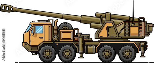 Eight-wheeled truck-mounted artillery system in tan