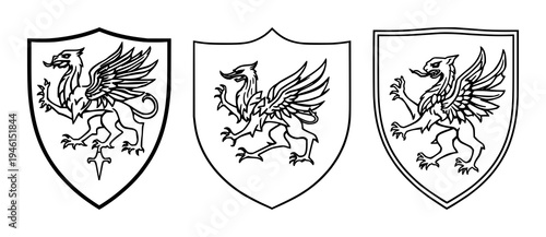 Heraldic shield set with bold black line illustration featuring griffin, medieval, protection symbol with line art and white background