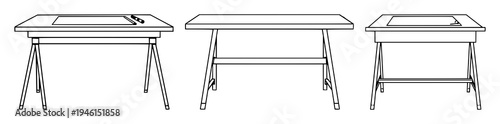 Architectural drafting table set with clean black line art on white background featuring drafting, design, geometry with studio and workspace